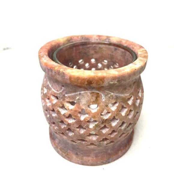 Vtg Soapstone Votive Tea Light Holder w/ Glass Insert Pierced Carved Pink Purple - Picture 3 of 6